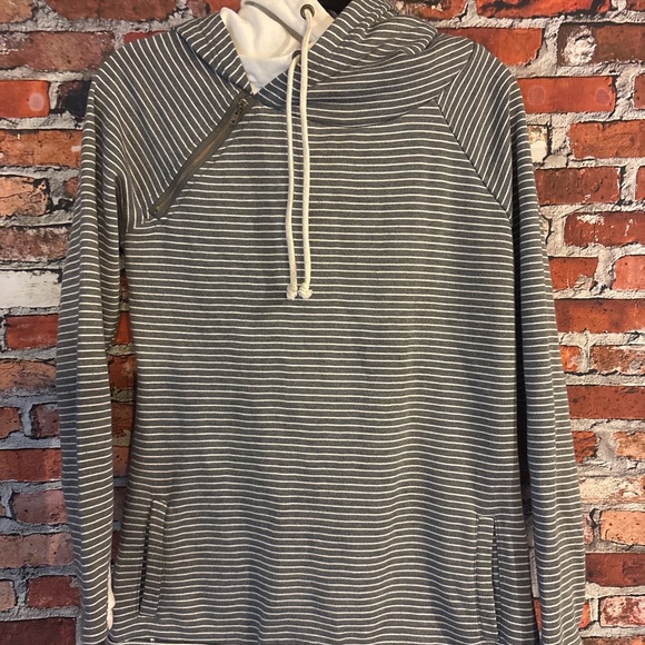 Vanilla Bay Sweaters - Vanilla Bay Striped Hoodie in Gray and Cream